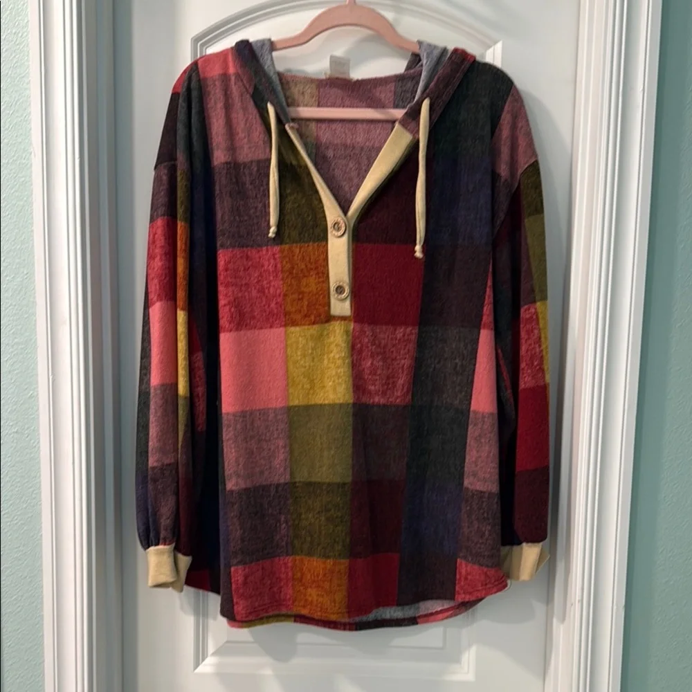 BiBi Plaid Hooded V-neck Cozy Knit - Picture 1 of 7